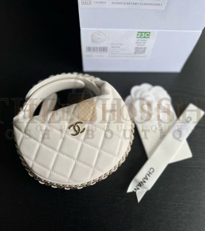 CHANEL WOMEN CC SMALL FLAP HOBO BAG GRAINED CALFSKIN GOLD TONE METAL WHITE/BLACK MASTER QUALITY - 1