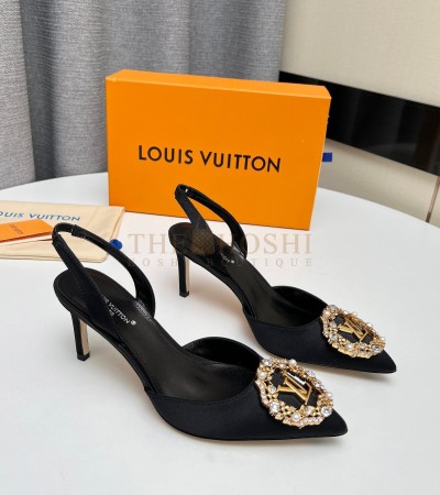LOUIS VUITTON LV SILK HEELS 100%  BLACK WOMEN'S SIZE 35-39 HEEL 7CM MASTER QUALITY - Women US 5= EU 35= 22.5 cm= UK3